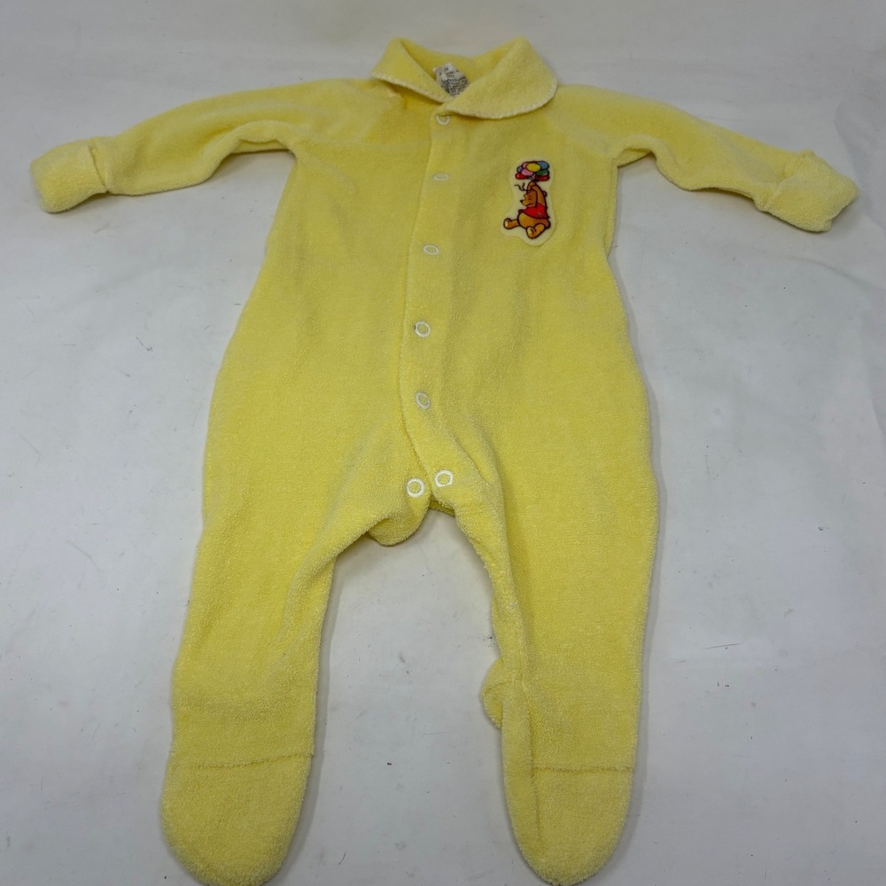 Vintage Disney Winnie the Pooh Yellow Terry Cloth Footed Sleeper Newborn Snap Up
